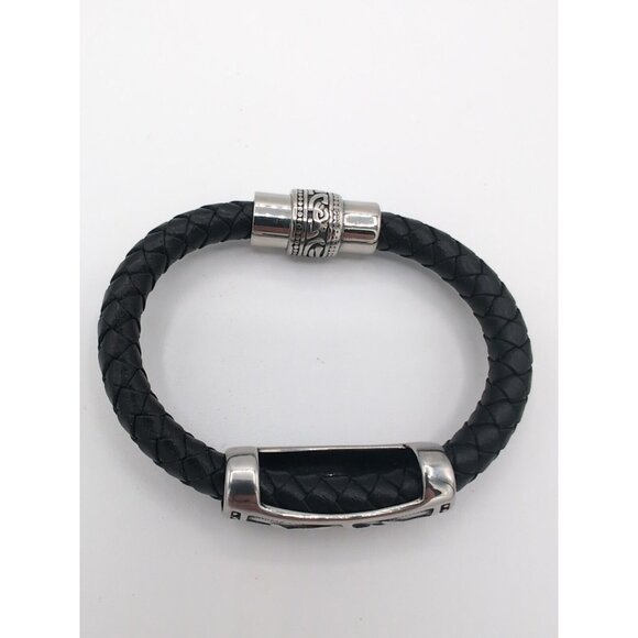 Harley-Davidson Silver Tone Stainless Steel Black Leather Wrist Band Bracelet - Picture 2 of 3